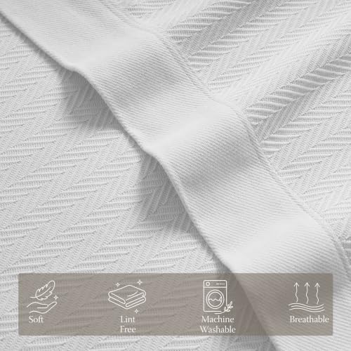 Threadmill Luxury 100% Cotton King Herringbone Blanket, Bright White
