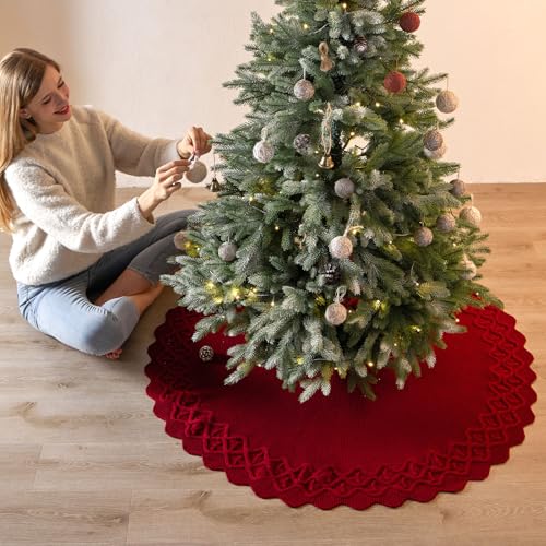 TOCHGREEN Red Knitted Christmas Tree Skirt 48 Inch Rustic Holiday Decor