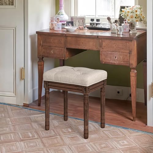 LUE BONA Upholstered Fabric Vanity Bench Seat - Linen & Dark Brown Tufted Ottoman