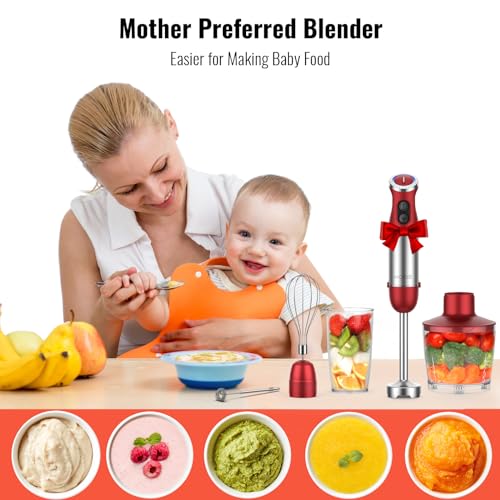 5-in-1 Hand Immersion Blender Set - 1000W Red, Includes Beaker, Food Processor, Whisk & Frother
