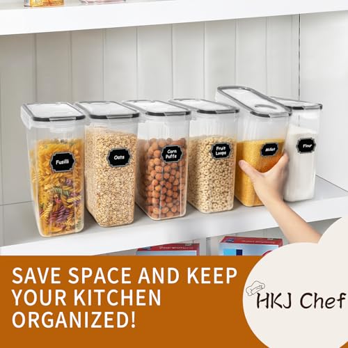 6 Pack Airtight Cereal Containers Set with Lids, Pour Spouts & Labels - 4L