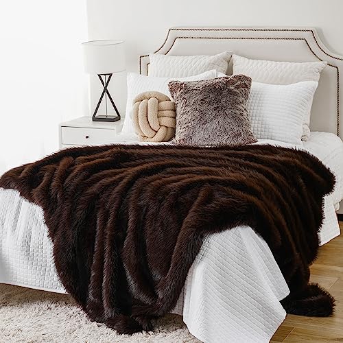 BATTILO HOME Faux Fur Throw Blanket, Luxury Fluffy Brown Blankets,