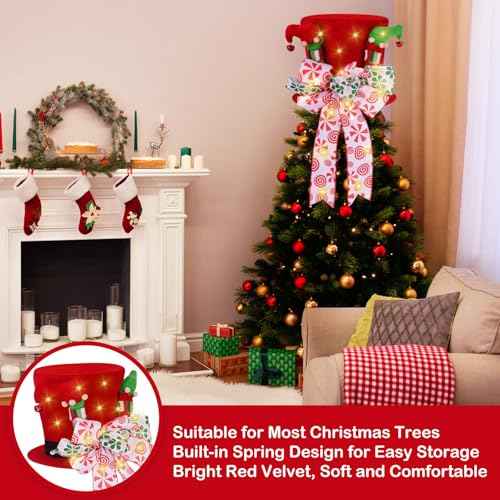 Christmas Tree Topper Hat, Large Red Bow Christmas Tree Topper, Lighted Red Velvet Hat with Elf Legs Christmas Tree Decorations, Tabletop Ornaments for Holiday Home Decor