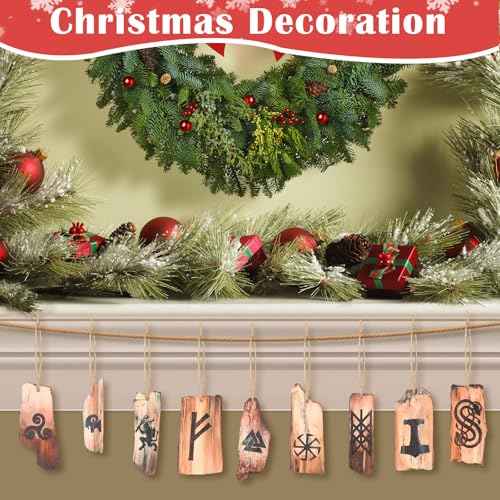 9 Pcs Viking Rune Yule Ornaments Pagan Wooden Christmas Tree Hanging Decorations Natural Wood Retro Ornaments for Xmas Party Decor