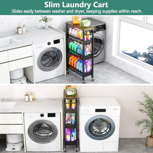 Vivihomety 4-Tier Slim Metal Laundry Cart with Wheels - Black, 7.1 Inch Wide