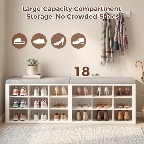 AraSyleon White & Gray 18-Cubby Shoe Storage Bench with Cushioned Seat
