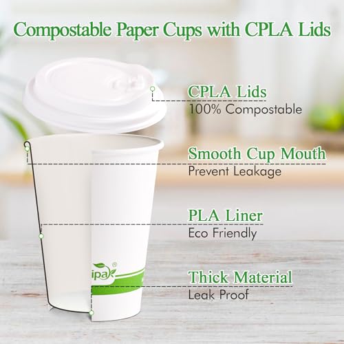 ECOLipak 12 oz Compostable Paper Coffee Cups with CPLA Lid - Pack of 100