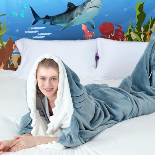 Adult Shark Blanket Hoodie Blue L for 63-71 Inch Height Cozy Wearable Throw