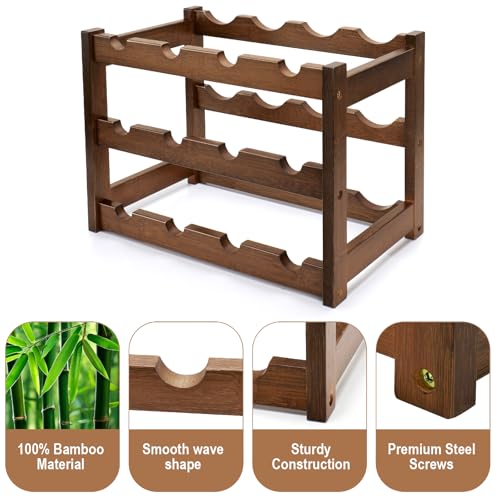 Walnut 3-Tier Bamboo Wine Rack - Holds 12 Bottles, FSC Certified, Space-Saving Storage Shelf
