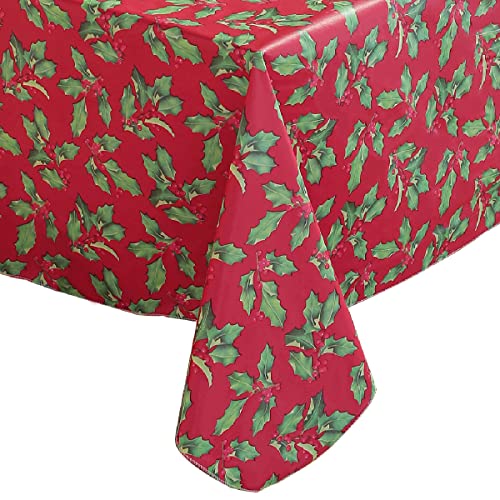 SASTYBALE 60 x 120 in Red Floral Holly Tablecloth | Vinyl with Flannel Backing, Waterproof Rectangle Plastic Table Cover