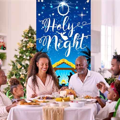 HOWAF Christmas O Holy Night Door Cover - Navy Blue Nativity Scene Banner for Xmas Party Supplies