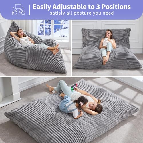 Large Grey 3-in-1 Convertible Bean Bag Chair Sofa Lounger Floor Cushion - Hobestluk