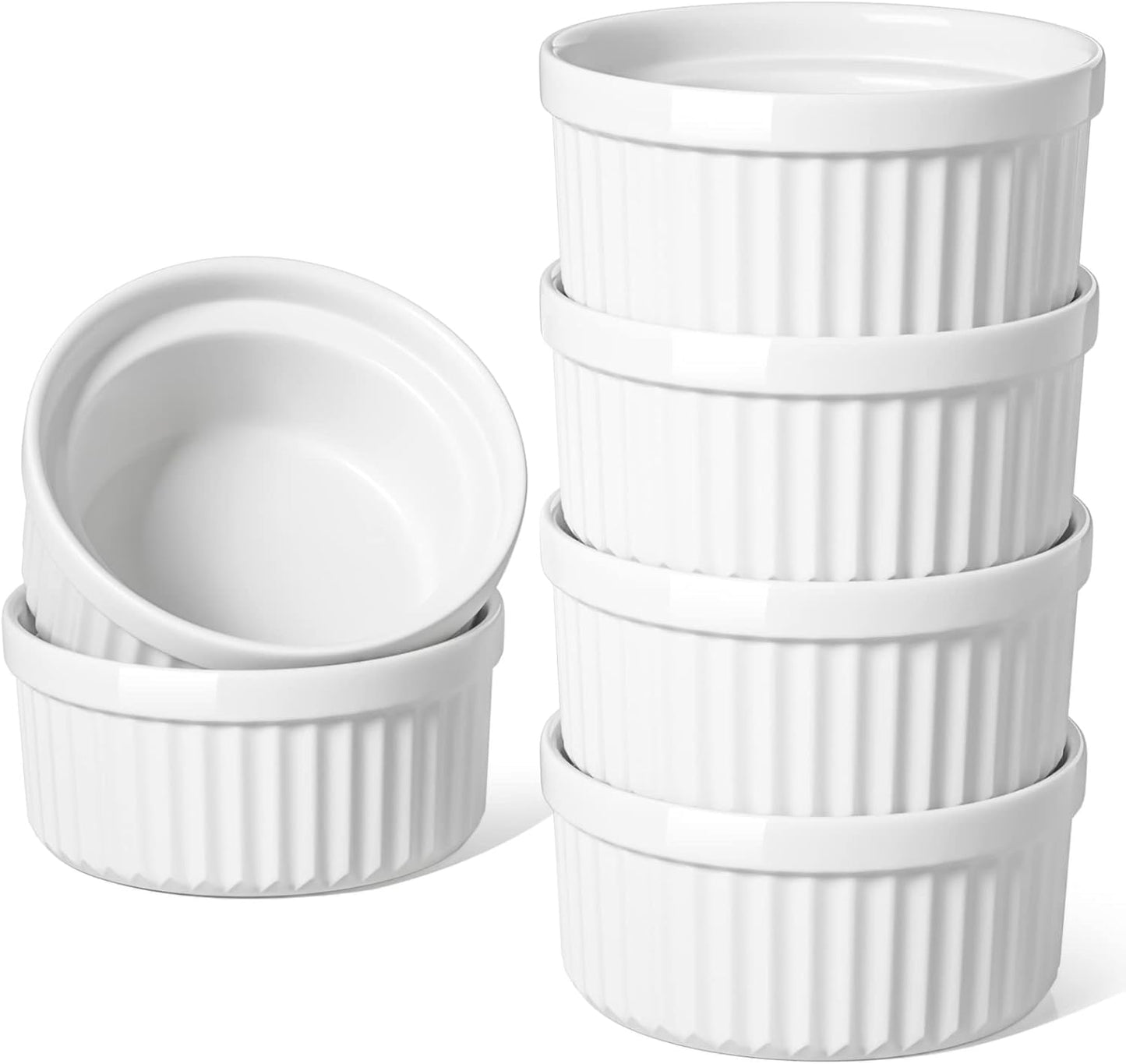 LE TAUCI Ramekins - 8 OZ Oven Safe Ceramic Custard Cups Set of 6 | White Souffle & Dipping Dishes