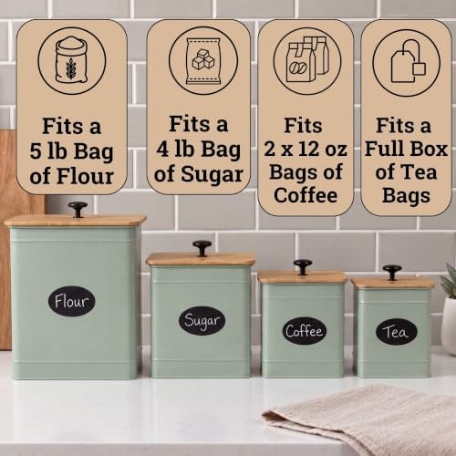 Sage Green Kitchen Canister Set of 4 with Chalkboard Labels & Marker - Countertop Food Storage