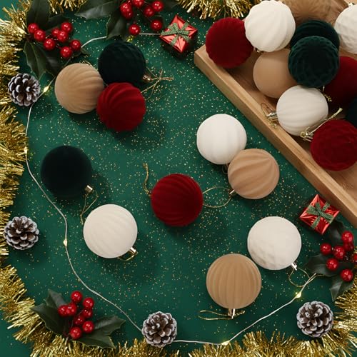 PullCrease 32 Pcs Velvet Christmas Ornaments - Mixed Texture, 2.36 Inch Flocked Holiday Decorations