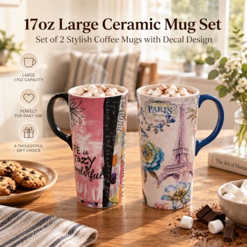 Topadorn 2 Pack Ceramic Travel Mug Set, 17oz Floral Cup, Gift for