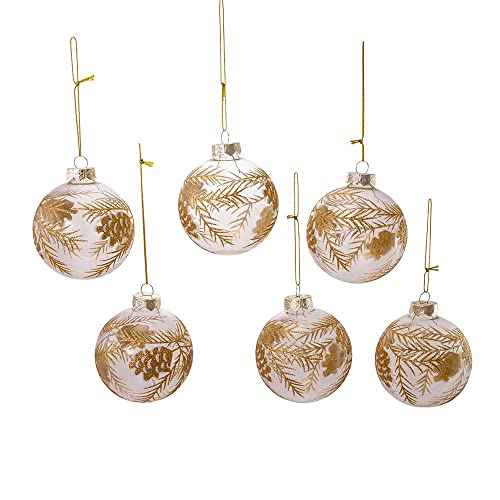 Kurt Adler 80mm Clear Glass Ball Ornaments with Gold Pinecones Set of 6