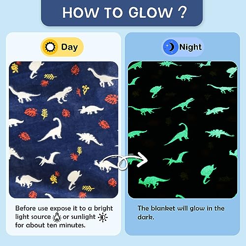 SOCHOW Glow in The Dark Throw Blanket 50 x 60 Inches, Jurassic Dinosaur Pattern Soft Cozy Flannel Fleece Blanket for Sons Daughters, All Seasons Navy Blue Presents Blanket for Preteens Teens