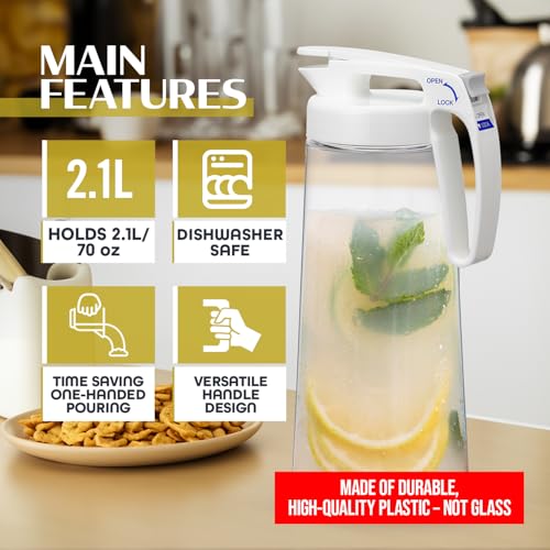 Large 2.1L Airtight Plastic Pitcher - Heat-Resistant, BPA-Free, One Touch Open, Space-Saving