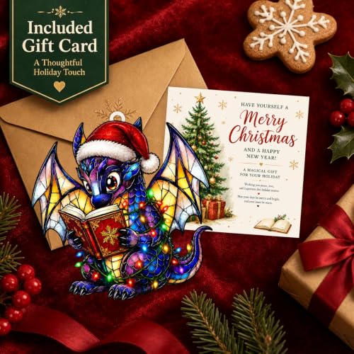 Joyline Christmas Dragon Ornament with Santa Hat - Acrylic Hanging Decor, Book Lover Gift