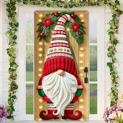 Christmas Gnome Door Cover 35x71 Inch Front Door Decoration with Lights and Poinsettia Holiday Door Banner for Outdoor Porch Entry Christmas Decorations Window