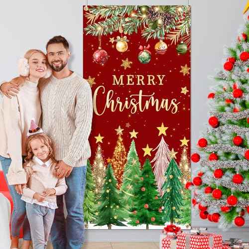 Christmas Door Cover Christmas Tree Door Cover Red and Green Xmas Door Decorations Xmas Door Banner Photo Booth Props for Wall Party