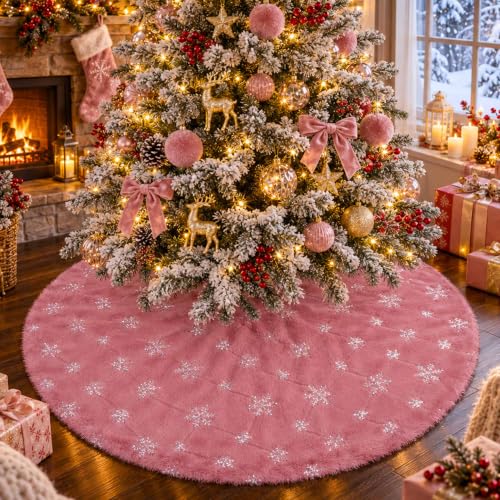 Yuboo Pink Silver Tree Skirt 48 Inch Faux Fur Christmas Decor