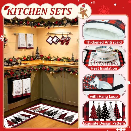 ZYQEXA 10-Piece Christmas Kitchen Decor Set with Snowman Oven Mitts & Tree Pot Holders - Red & Black Variant