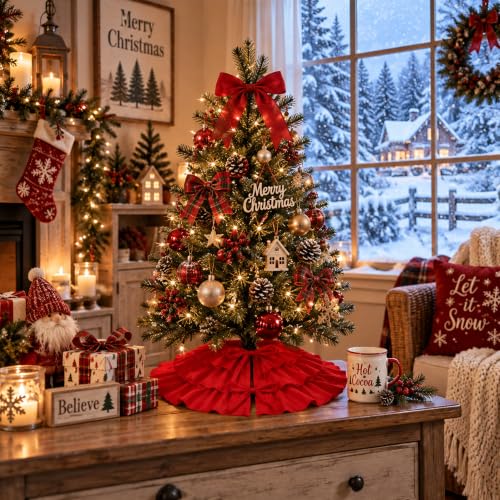 Ivarunner 24 Inch Red Mini Christmas Tree Skirt with 3-Tier Ruffles – Tabletop Tree Mat for 2–3 ft & 4 ft Slim Trees