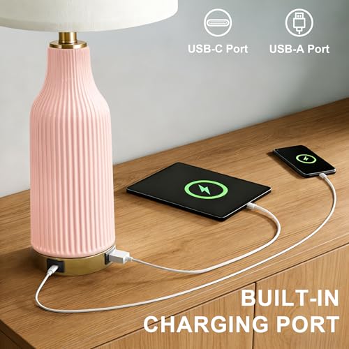 24.5-Inch Dimmable Touch Control Ceramic Table Lamp Set - Pink, 2-Pack with USB A+C Ports - Modern Farmhouse Nightstand Lamps - Variation: 24.5"-TU-Pink