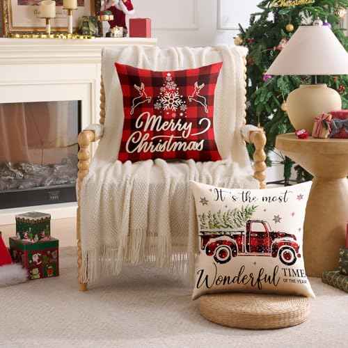 Buffalo Plaid Christmas Pillow Covers 18x18 Red Black Green Set of 4 Farmhouse Christmas Decorations Throw Pillow Covers Winter Holiday Linen Cushion Case for Home Sofa Couch Bed Chair