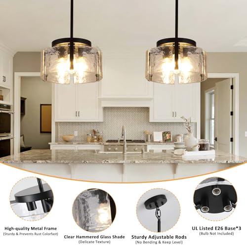 3-Light Black Modern Farmhouse Chandelier for Dining Room & Entryway - Adjustable Glass Pendant Lights