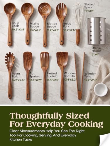 11-Piece Wooden Kitchen Utensil Set with Stainless Steel Holder - Teak Wood Nonstick Cookware Tools