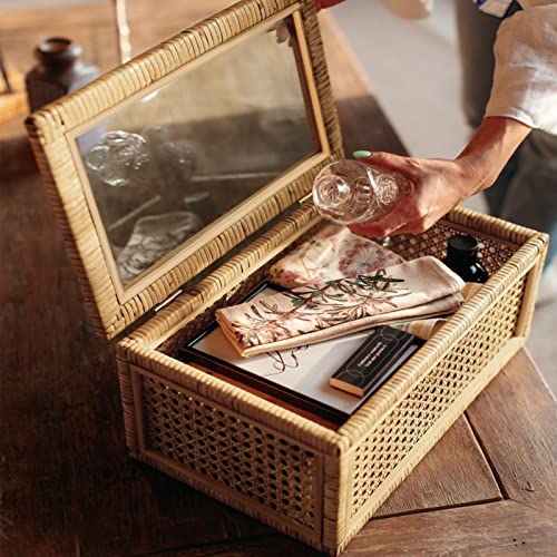 Large Handwoven Boho Rattan Display Boxes with Glass Lids Set of 2