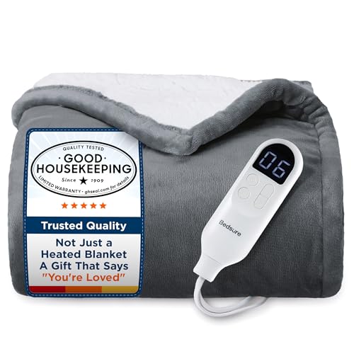 Bedsure Grey 50x60 Inch Heated Blanket Throw with Preheat & 6 Heat Settings