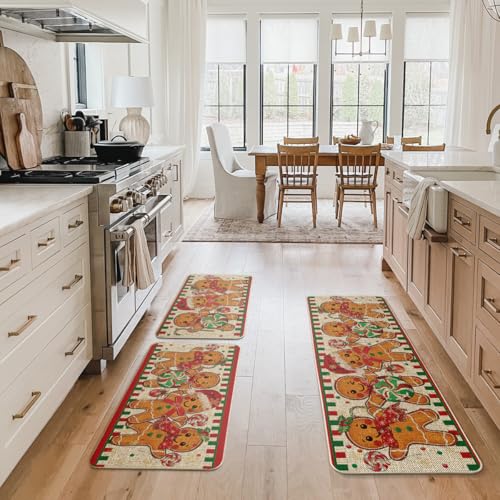 Artoid Mode Gingerbread Candy Cane Kitchen Mats Set of 3, 17x29/17x36/17x47 Beige