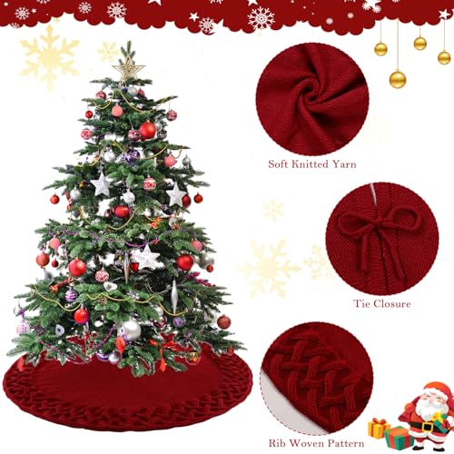 TOCHGREEN Red Knitted Christmas Tree Skirt 36 Inches Chunky Cable Knit Rustic Holiday Decor