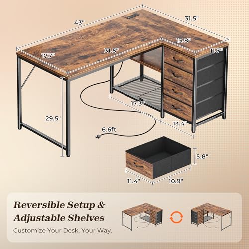 Reversible Small L Shaped Desk with Power Outlets & 4 Drawers - Rustic Brown, 43.3 Inches