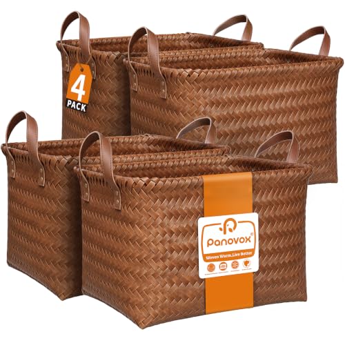 Rectangle Brown Wicker Storage Baskets 4 Pack with Vegan Leather Handles - Organizers for Shelves and Closets
