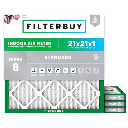 Filterbuy 21x21x1 MERV 8 Air Filter 4-Pack for HVAC Dust & Allergy Defense