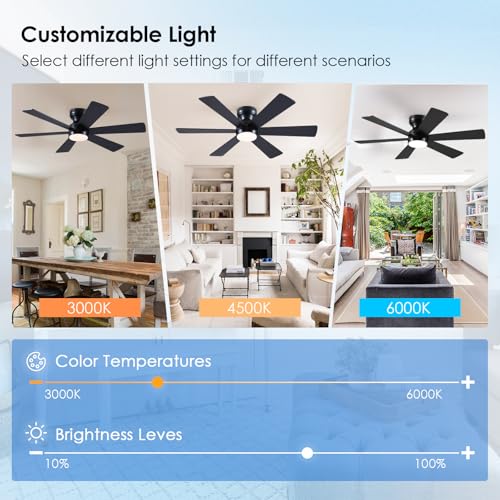 Asyko 46-Inch Black 6-Blade Modern Ceiling Fan with Light & Remote - Reversible Motor