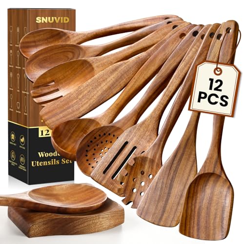 Wooden Cooking Utensil Set 12 Pcs Teak Wood Kitchen Tools with Spoon Rest