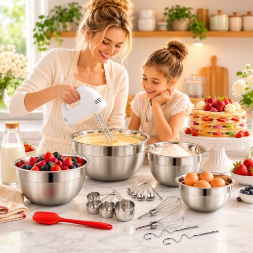 Red 5-Speed Electric Hand Mixer with 4 Mixing Bowls & Kitchen Baking Set