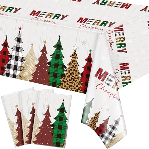 Preboun 3-Piece Christmas Tablecloth Set with Tree Pattern, Waterproof Plastic Covers