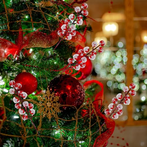 50 Pack Christmas Snowy Red Berry Stems for Tree Decorations - 8 Inch Artificial Holly Branches & Fillers by Zhmiyiqijiay