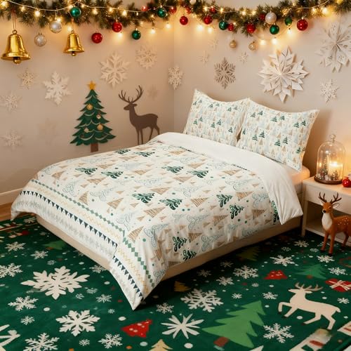 Christmas Trees Kids Duvet Cover Set Queen Size,Snowflake Dots Waves Patchwork Bedding Set,Girls Boys Adults Xmas Decor,Merry Christmas Rustic Cabin Comforter Cover,Green Quilt Cover,2 Pillowcases