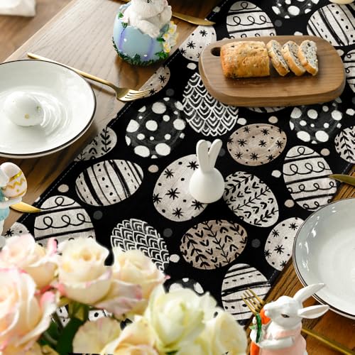 Artoid Mode Bunny Rabbit Egg Flowers Easter Table Runner 13x60 Inch Black Seasonal Decor