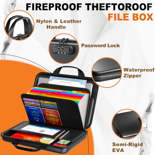 IPYIPY Black Slim Fireproof Water-Resistant Document Organizer with Lock, 13-Pocket File Box