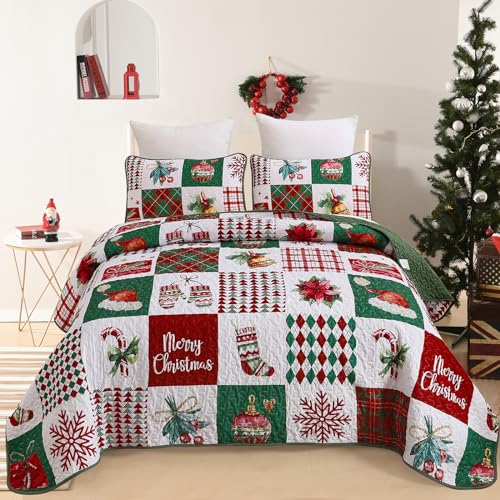 Mybedsoul Queen Christmas Quilt Set - Patchwork 3-Piece, Includes 2 Shams, Holiday Comforter