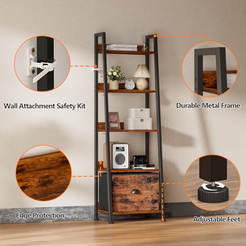 Furologee Rustic Brown 5-Tier Ladder Shelf with Fabric Drawer - Space-Saving Storage